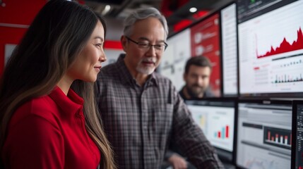 Diverse team analyzes data on monitors.