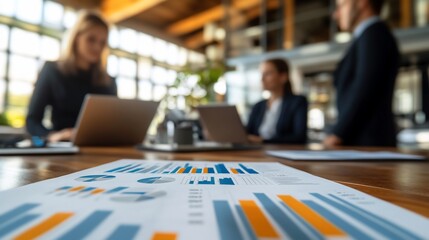 Businesspeople meeting, financial charts on table.