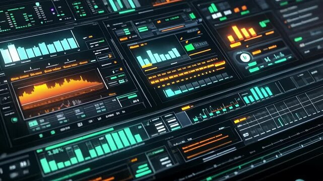 An overhead view of a computer screen filled with graphical representations of production data sensors and alerts depicting the overall monitoring system for remote operation.