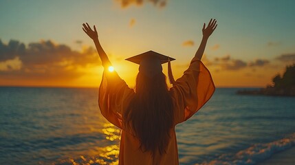 Graduate celebrates sunset ocean achievement.
