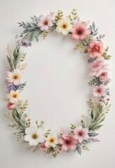 Fototapeta premium Delicate watercolor floral wreath on a soft white background, floral pattern, nature