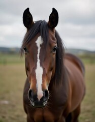 Fototapeta premium Brown horse stands gracefully in open field, its expressive eyes reflecting soft light, creating serene atmosphere in landscape. Horses Equus, genus of Equidae of order Perissodactyls. Generative AI