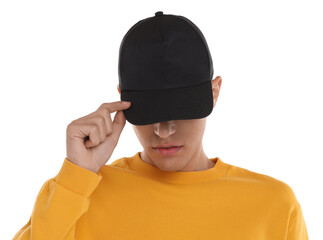 Man in stylish baseball cap on white background. Mockup for design