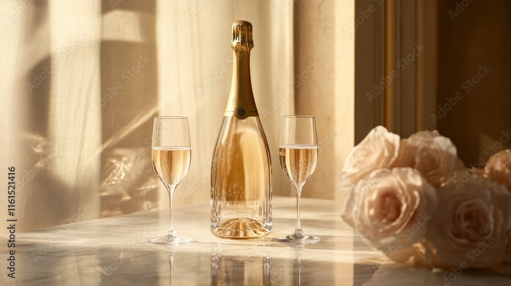 Poster Premium champagne with two crystal flutes elegantly displayed on a marble table in soft natural light. Generative AI