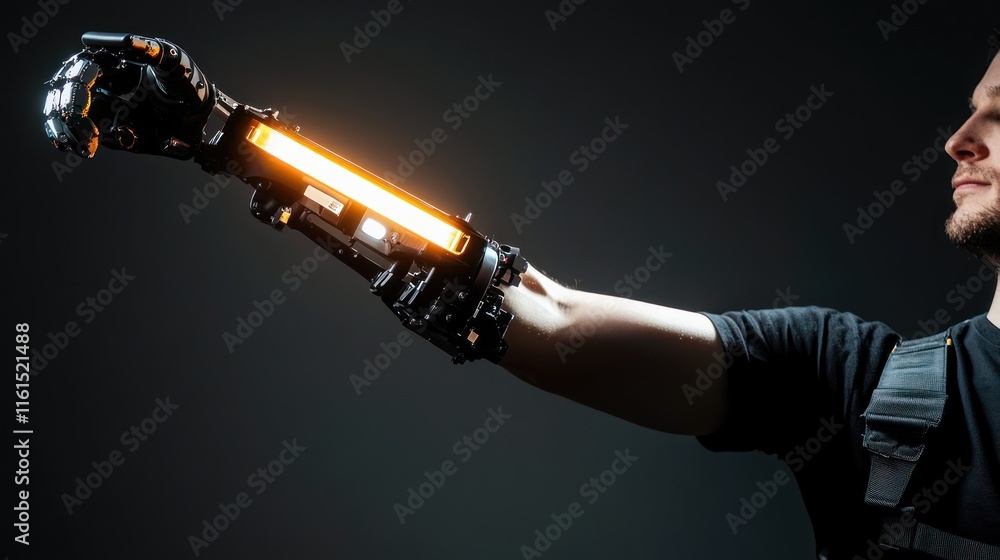 Poster man with glowing robotic arm. generative ai