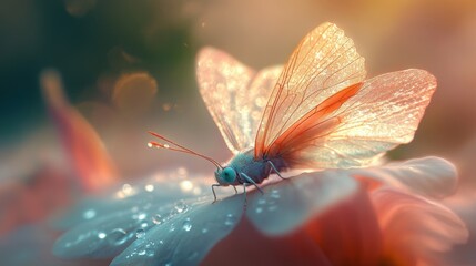 Tiny fairy resting on a flower petal, bathed in soft morning light