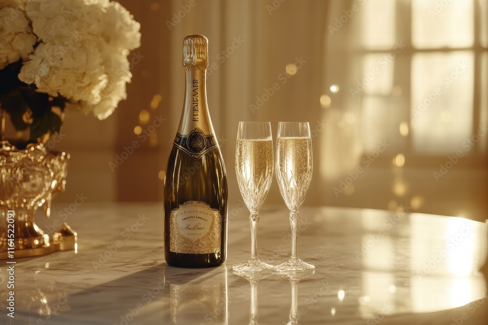 Poster celebrating with premium champagne and elegant crystal flutes in a warm, inviting setting. generativ