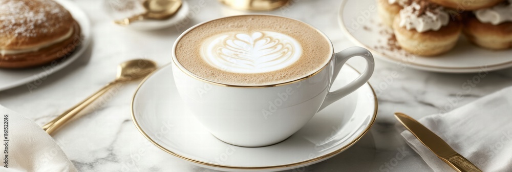 Poster premium cup of coffee with intricate latte art served in a cozy cafe setting. generative ai