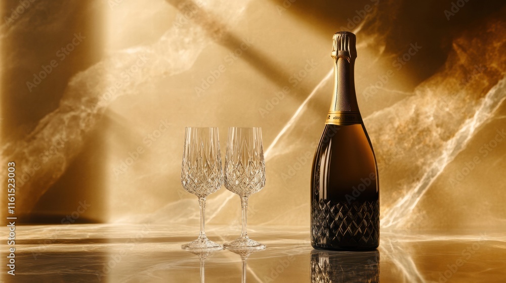 Poster premium champagne alongside two elegant crystal flutes set on a marble surface with a warm golden li