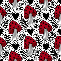 Valentine love hearts seamless 14 February mushrooms pattern for wrapping paper