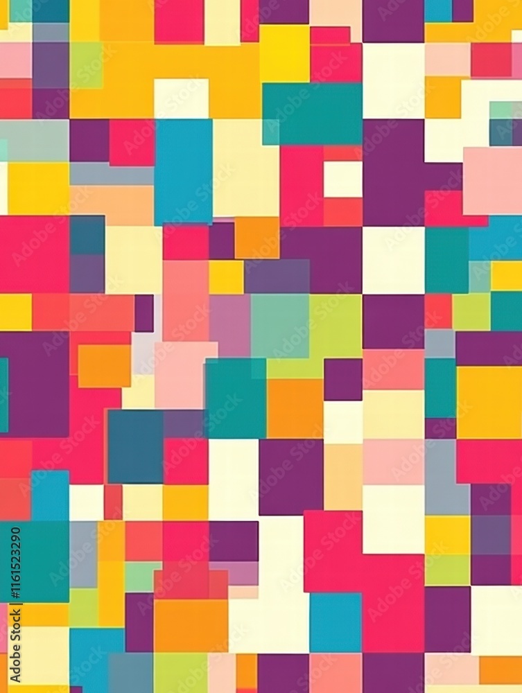 Poster colorful pixel art inspired seamless pattern with vibrant shapes arranged in a playful layout. gener