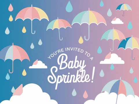Colorful umbrellas and raindrops invite you to a baby sprinkle celebration