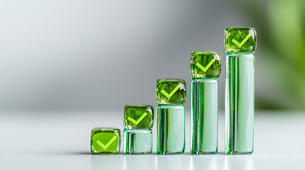 Increasing profit margins represented by green glass blocks with check marks