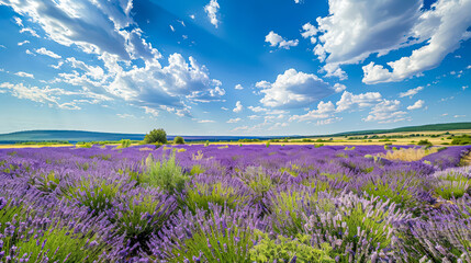 Obraz premium Beautiful field of lavender flowers is spread out across the sky, with a clear blue sky above them. The flowers are in full bloom, creating a vibrant and colorful scene. Scene is calm and tranquil