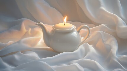 White teapot with lit candle and draped white cloth