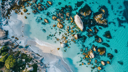 Beautiful beach with a rocky shoreline and a clear blue ocean.
