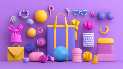 Colorful collection of trendy accessories and decorative items on purple background