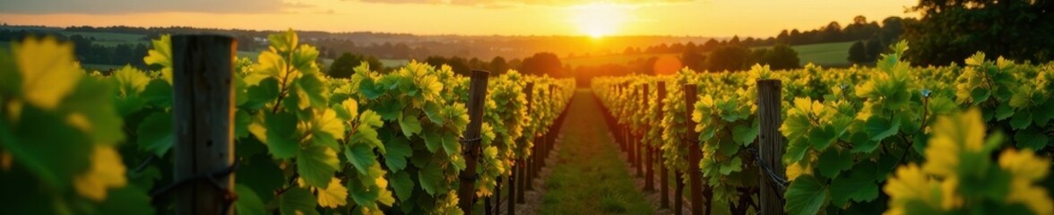 Naklejka premium Warm sunlight casting a serene glow on a sea of vibrant green grapes and rustic vineyard fences at dusk, vineyard, country