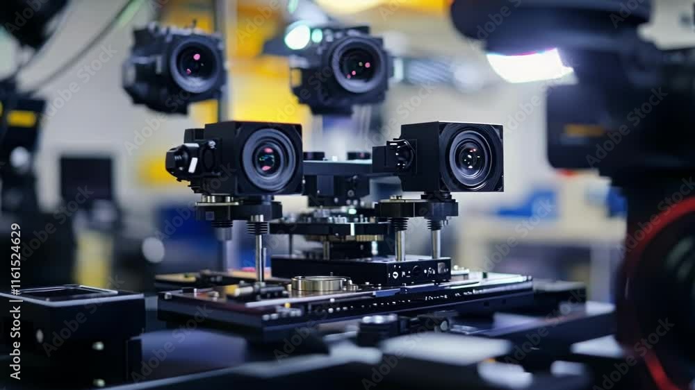 Aufkleber a closeup of a quality control unit with multiple cameras and sensors precisely positioned over a me