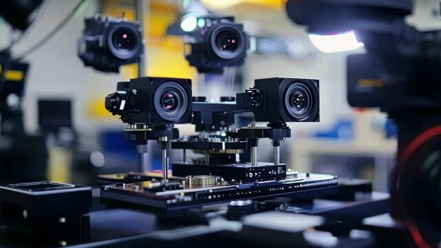 A closeup of a quality control unit with multiple cameras and sensors precisely positioned over a mechanical assembly showcasing the intricate setup required for thorough inspection