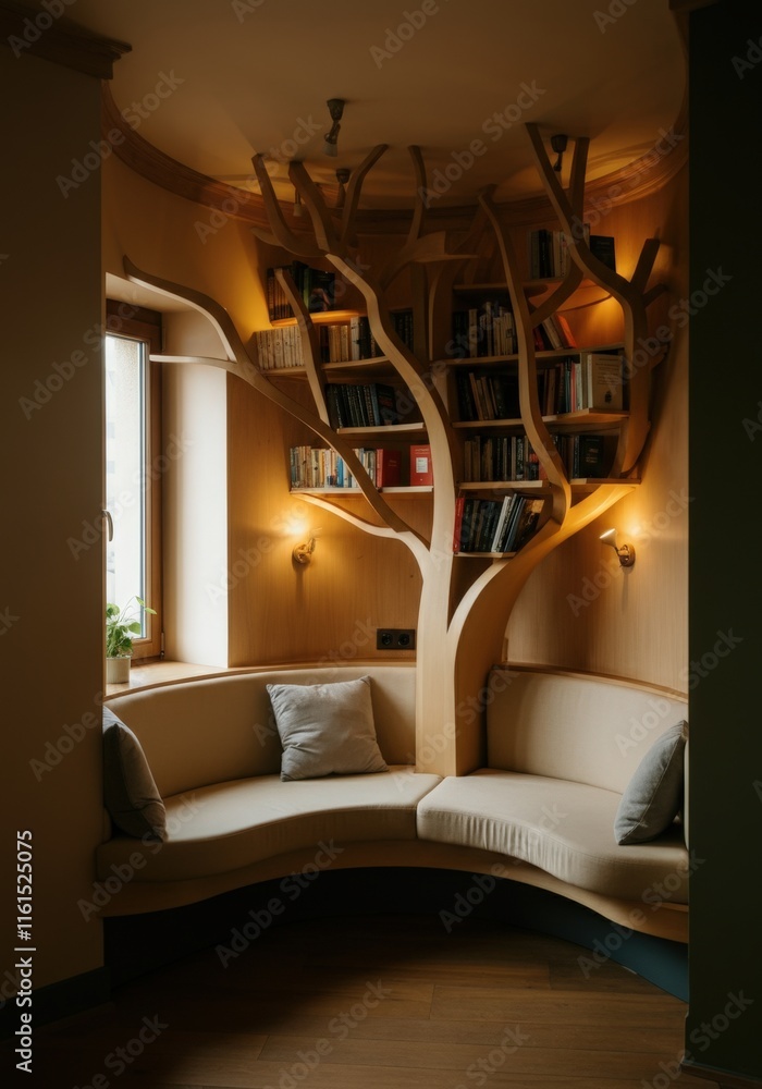 Poster cozy reading nook with a unique tree-shaped bookshelf design