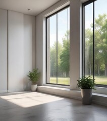 Fototapeta premium Minimalist interior with large window and empty space, blank space, simple style