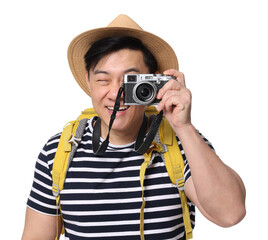 Traveller taking photo with camera on white background