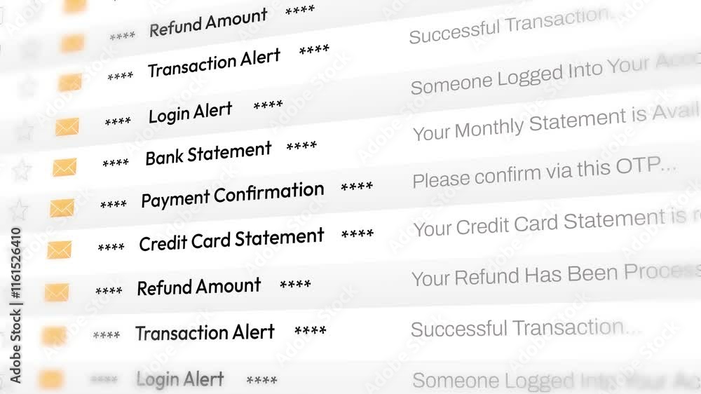 Poster online banking and finance related email scrolling list 4k animation, transactions and statement mes