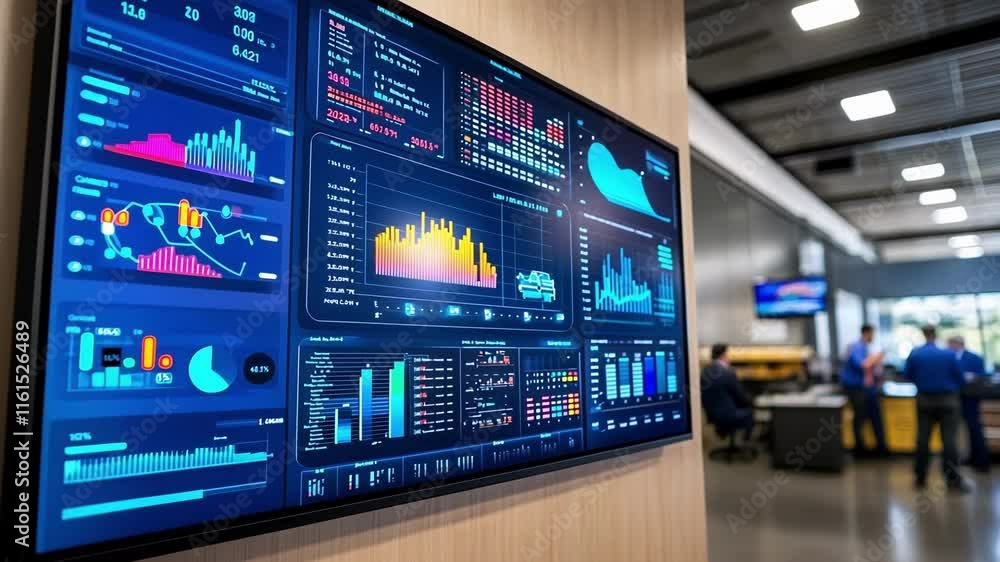 Aufkleber a digital display board inside a workshop showcasing key performance indicators and production stati