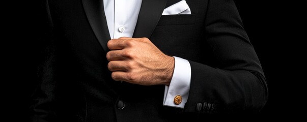 A dapper man adjusts his tuxedo, showcasing elegance with a crisp white shirt and cufflinks against a dark backdrop.