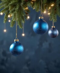 Hanging Christmas ornaments with festive lights on blue background,  Ornaments,  Lights