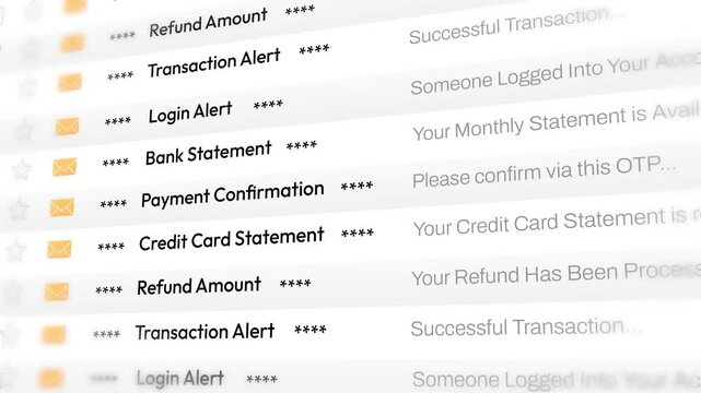 Online banking and finance related email scrolling list 4k animation, transactions and statement message design.