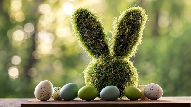 Eco-friendly easter celebration with moss bunny and colorful eggs in natural spring setting - easter concept