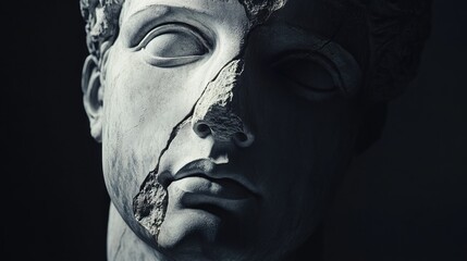 Close-up of a broken classical sculpture bust, showcasing damage and texture.