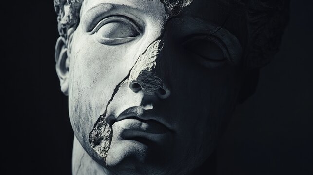 Close-up of a broken classical sculpture bust, showcasing damage and texture.