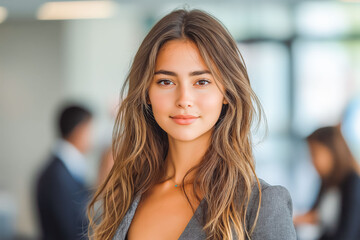 A portrait of a businesswoman standing in an open-plan office with colleagues working in the background