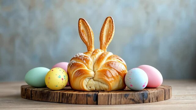 Festive easter bread shaped like a bunny with colorful eggs on wooden board &ndash; celebrating easter traditions