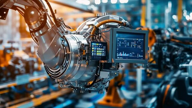 A closeup shot of a robotic arm equipped with sensors and cameras actively collecting data on its performance and responding to environmental changes in the assembly line.
