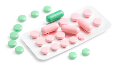 Pink tablets and green capsule and green tablets in blister pack on white background. Painkiller medicine. Pharmaceutical industry. Pharmacy drugstore background. Pharmacy products. Global healthcare.