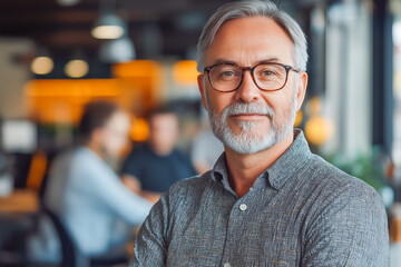A senior executive standing in a high-tech office with a team of engineers working in the background