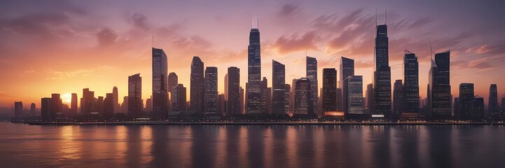Obraz premium Minimalist corporate landscape with skyscrapers and cityscape at sunset, corporate, sunset