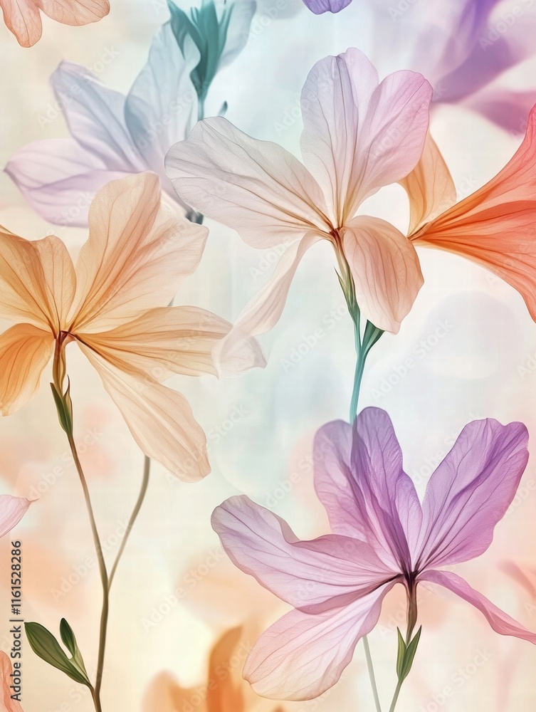 Poster floral pattern featuring delicate flowers in soft pastel colors across a light background. generativ