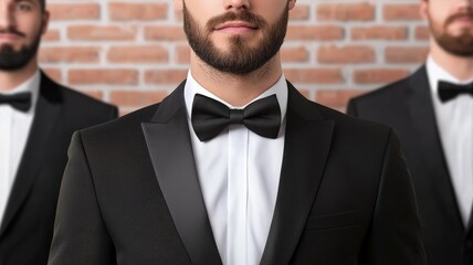 Three men in tuxedos stand confidently against a brick wall, embodying sophistication and style.