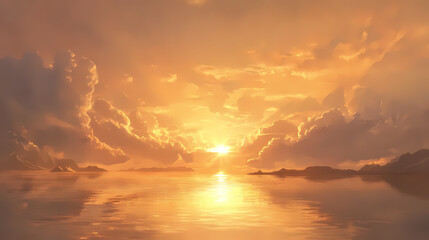 Radiant sunrise over calm ocean: stunning golden rays reflecting on tranquil waters. Solarian. Illustration
