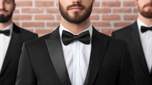 Three men in tuxedos stand confidently against a brick wall, embodying sophistication and style.