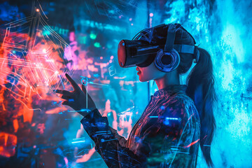 A young woman in a virtual reality headset, interacting with the virtual environment.