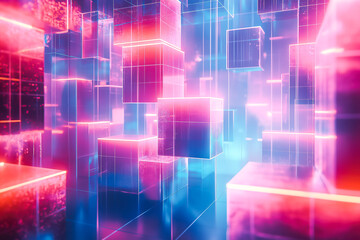 Obraz premium Abstract 3D Shapes Floating in a Futuristic Digital Space with Neon Lighting