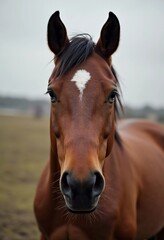 Obraz premium Brown horse stands gracefully in open field, its expressive eyes reflecting soft light, creating serene atmosphere in landscape. Horses Equus, genus of Equidae of order Perissodactyls. Generative AI