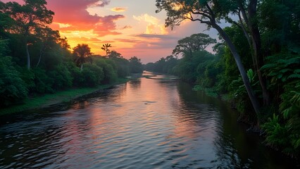 Amazonian Sunset, Essequibo and Cuyuni Rivers Converge at Dusk - Lush Rainforest, Vibrant Colors, and Ancient Kapok Trees Reflected in Rippling Waters