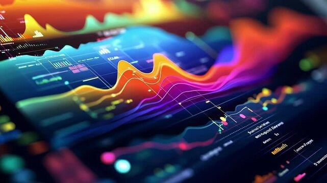 An intricate closeup of a specialized data visualization software interface with vibrant color gradients and animated visual elements demonstrating dynamic data trends.